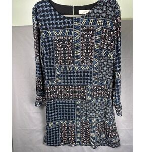 LOFT Patchwork Print Long Sleeve Shift Dress Black Blue Yellow Women's Size 14